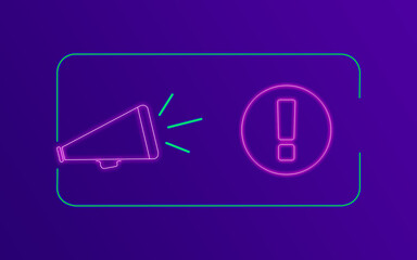 Exclamation Point Warning Concept with Neon Colors on Purple Gradient Background
