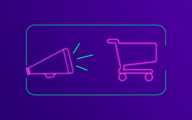 Online Shopping Cart Concept with Neon Colors on Purple Gradient Background