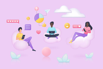 People browsing, using mobile phone and laptop to work or chat communication. Persons sit in cloud armchairs, customers use online services flat vector illustration. Social media, internet concept