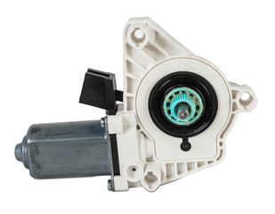 Electric window mechanism motor for a car on a white isolated background. Automotive spare parts catalog