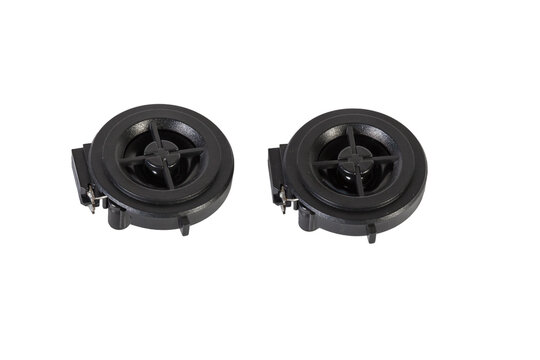 Tweeter speaker of an acoustic system - an audio for playing music in a car interior on a white isolated background in a photo studio. Spare parts for auto repair in a workshop or for sale for tuning