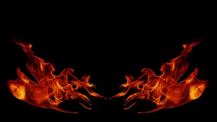 Flame Flame Texture For Strange Shape Fire Background Flame meat that is burned from the stove or from cooking. danger feeling abstract black background Suitable for banners or advertisements. © sainan
