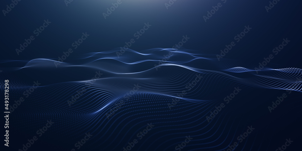 Poster abstract colorful digital particles wave with bokeh and light background, 3d render wave line dot ba