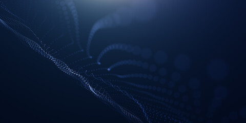Abstract colorful digital particles wave with bokeh and light background, 3d render wave line dot background, line wave light glowing effect particular background.	