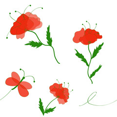 Seamless pattern with abstract red poppies and butterfly
