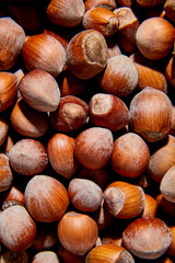 Flat lay macro Fresh hazelnut harvest, top view, close up
