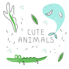 Cute animals hand-drawn sticker set