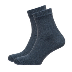 A pair of fabric socks stands on a white isolated background. Volumetric socks on a transparent mannequin. Gray socks.