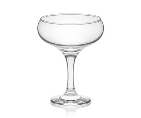 Empty transparent glass cup, shot glass, glass for wine, whiskey, cognac, martini, beer, juice and other drinks, isolated on white background. Dishes for bar, restaurant, pub.