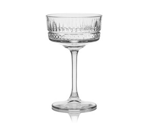 Empty transparent glass cup, shot glass, glass for wine, whiskey, cognac, martini, beer, juice and other drinks, isolated on white background. Dishes for bar, restaurant, pub.