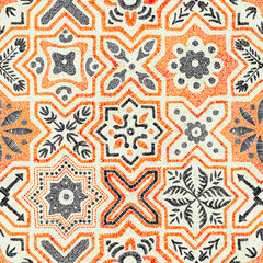 Seamless embroidered moroccan pattern. Square vintage tiles. Punch needle ornament. Handmade. Print for textiles. Grunge texture set.
