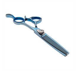 Scissors for cutting people and pets. Grooming scissors. Closed scissors on a white isolated background. Angle view.