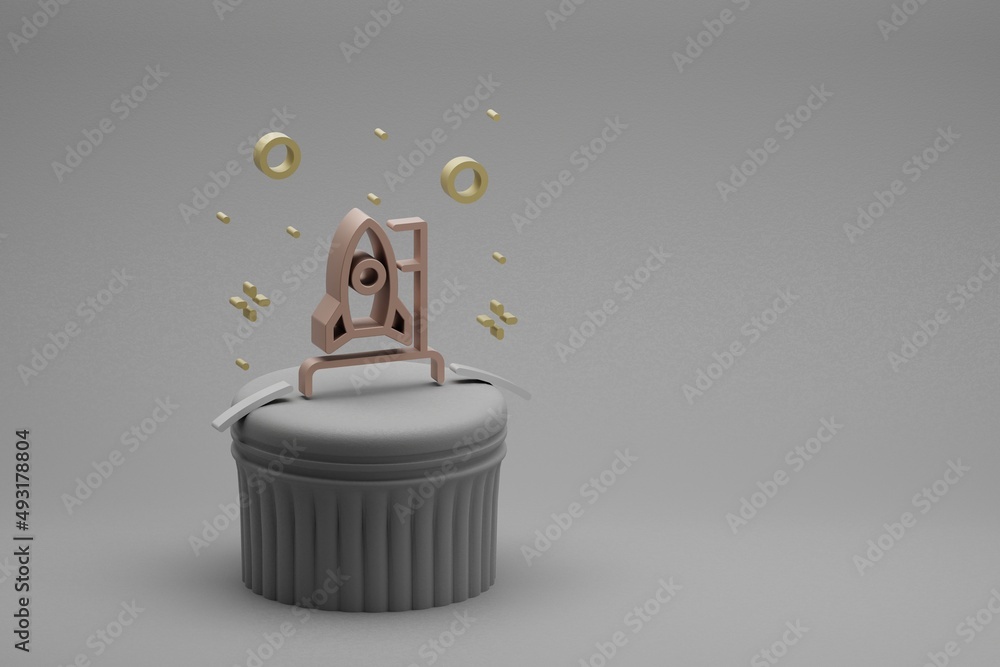 Aufkleber Beautiful abstract illustrations Rocket and start symbol icon on a beton column background. 3d rendering illustration. Background pattern for design. Space exploration.