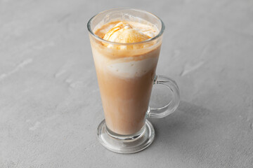 Cup of coffee drink on gray background close up