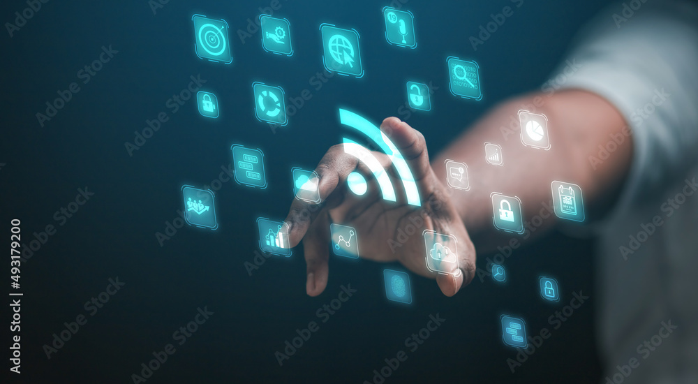 Poster businessman showing internet technology network wifi network connection system global online technol