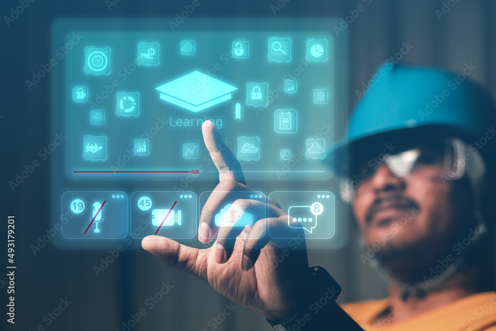 Poster the concept of the learning industry through technology engineer showing online networking for educa
