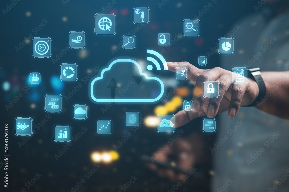 Poster business people show business data online in form of internet wifi cloud data system to analyze busi
