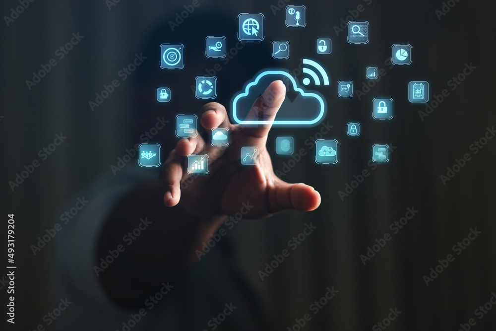Poster business people show business data online in form of internet wifi cloud data system to analyze busi