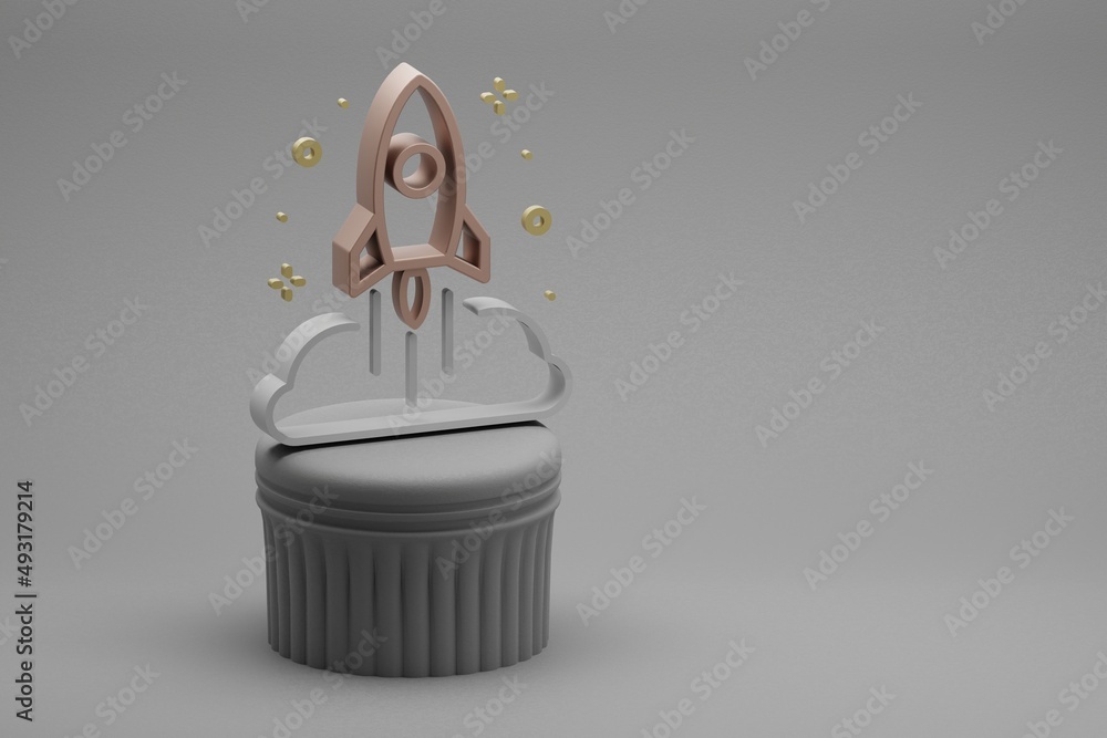 Aufkleber Beautiful abstract illustrations Rocket Launch and start symbol icon on a beton column background. 3d rendering illustration. Background pattern for design. Space exploration.