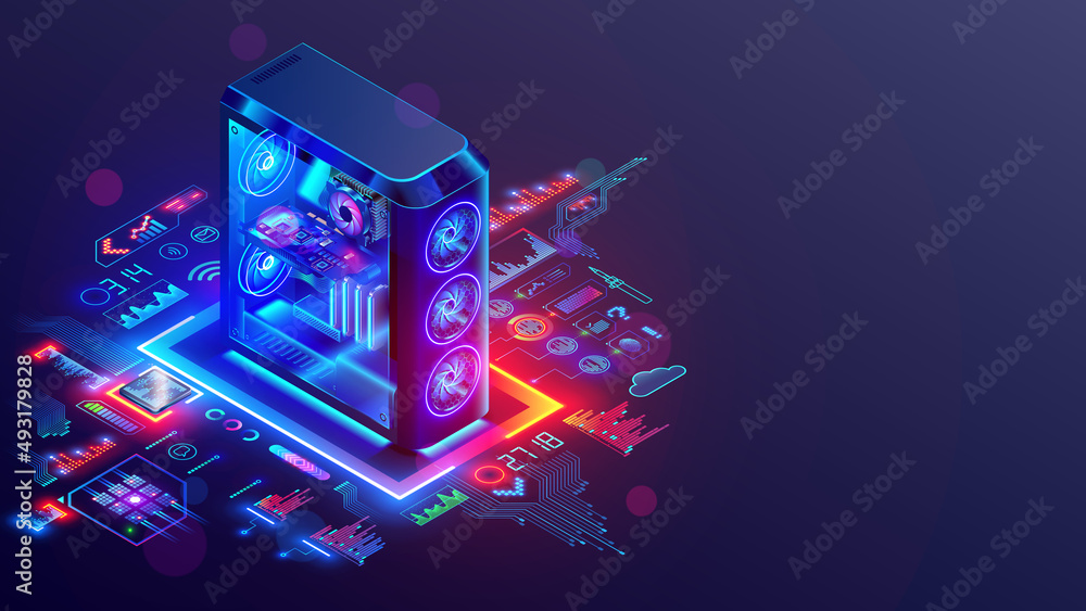 Aufkleber Upgrade, repair of desktop computers concept. Gaming computer glow in dark table. Glowing computer parts on motherboard inside transparent computer case of system box with glowing computers parts.