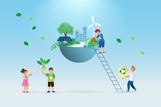 Children with virtual environmental friendly world. Earth day concept for sustainable strategy of eliminate waste and pollution, renewable and reuse natural resources in next generation.