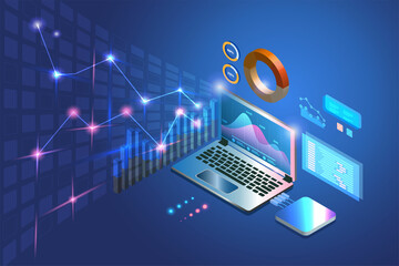Business analysing, SEO, Web development, software coding and programming on laptop computer with graph charts, script language testing and graphical icons. - obrazy, fototapety, plakaty