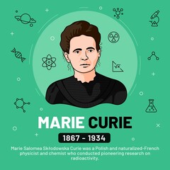 Vector illustration of famous personalities: Marie Curie with bio - obrazy, fototapety, plakaty