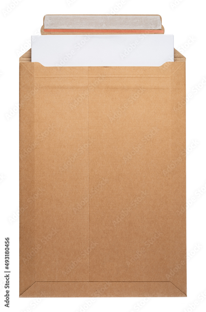 Sticker Brown envelope front and back isolated on white background. Letter top view.