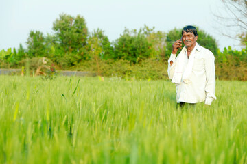 Indian farmer talking on smartphone at wheat field