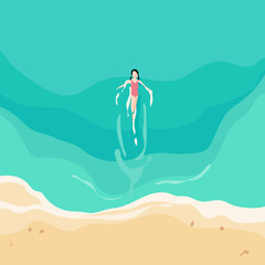 Woman relaxing swimming by the sea in summer, vector illustration and flat design.