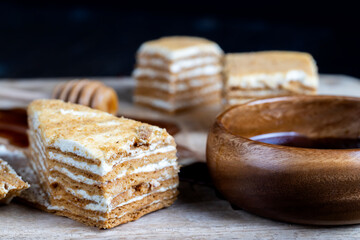 cake made of thin honey cakes and a thin creamy layer