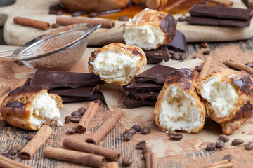 custard cake with cream, chocolate and other sweets
