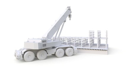 Naklejka premium Crane builds a wooden house on a white background. 3d rendering.