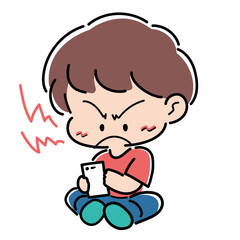 80'sレトロファンシー風イラスト・スマホを使ってイライラする少年