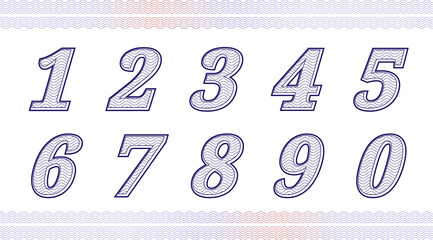 Guilloche numbers or letters with diploma certificate money grid texture.