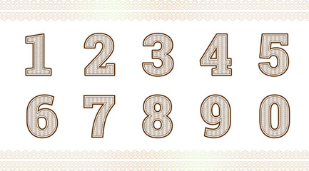 Guilloche numbers or letters with diploma certificate money grid texture.