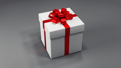 white gift box with red bow on grey background 3D render