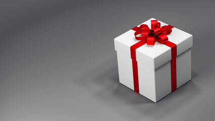 white gift box with red bow on grey background 3D render