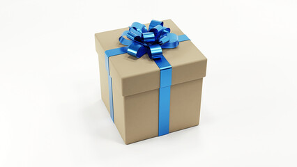 Gift box with blue bow on white background 3D render