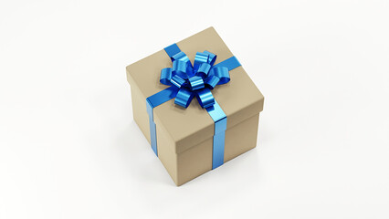 Gift box with blue bow on white background 3D render