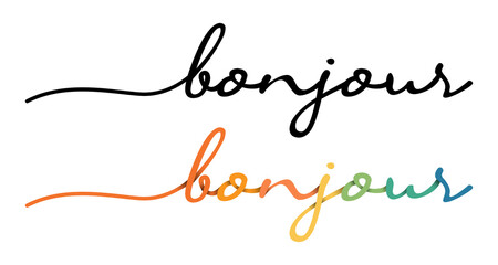 Bonjour Hand Drawn Black & Colorful Vector Calligraphy Isolated on White Background.