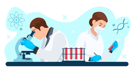 Two scientists working isolated on a white background
