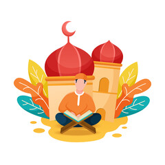 Muslim people reading and learning the quran islamic holy book design concept vector illustration
