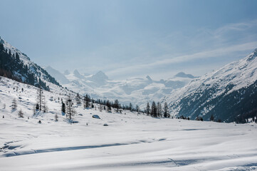 Val Roseg, Piz Roseg, Ova da Roseg, Rosegbach, Piz Sella, Piz Glüschaint, Sellagletscher, Winterwanderweg, Langlaufloipe, Berninagruppe, Oberengadin, Alpen, Winter, Wintersport, Graubünden, Schweiz 