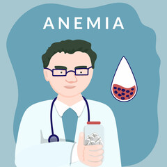 Medical care concept for low hemoglobin. Physician helps treat anemia, offers pills. Flat style vector illustration for medical clinics.