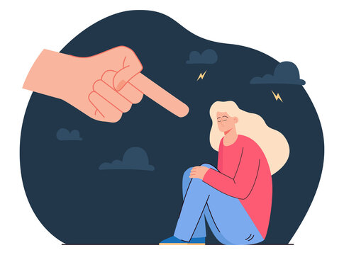 Hand pointing at depressed guilty young cartoon woman. Society accusing sad ashamed girl, victim blaming, denunciation, conviction flat vector illustration. Bullying, shame, guilt concept for banner