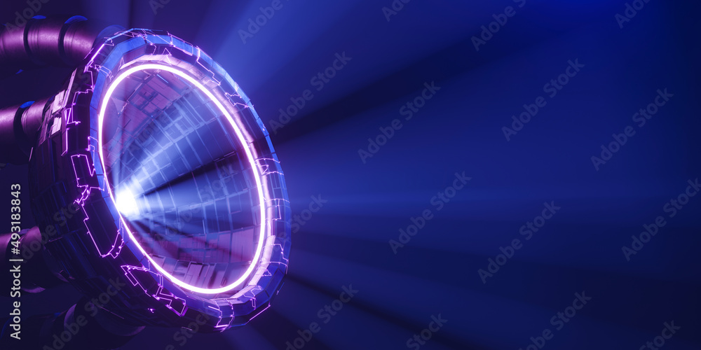 Poster 3d rendering sci fi portal with light ray and pink and blue neon light. concept futuristic backgroun