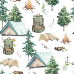 Summer camping seamless pattern. Hand painted tent, map, backpack and forest trees texture.