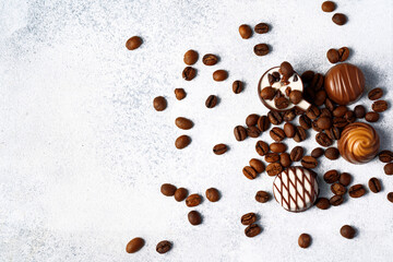 Various chocolate praline candies assortment close up