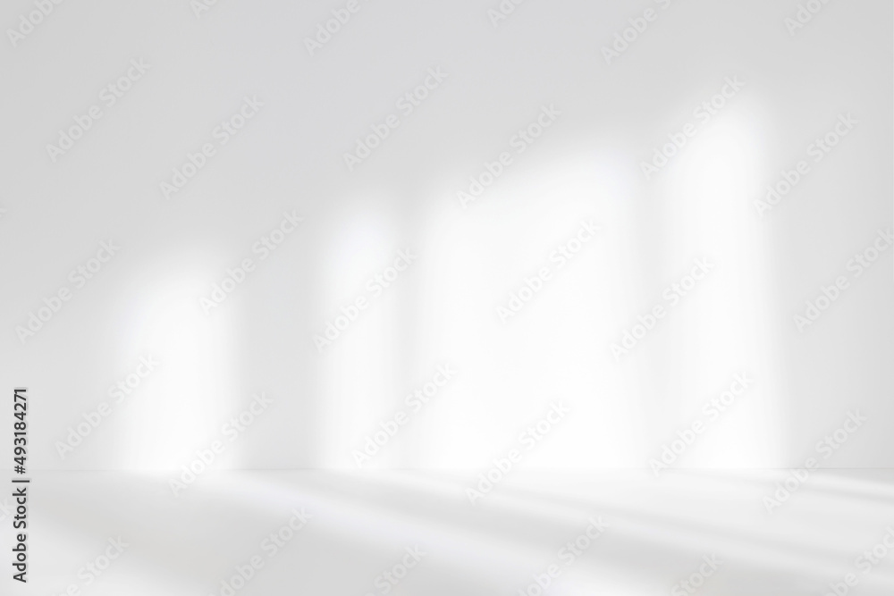 Aufkleber Abstract white studio background for product presentation. Empty room with shadows of window. Display product with blurred backdrop. Soft focus
